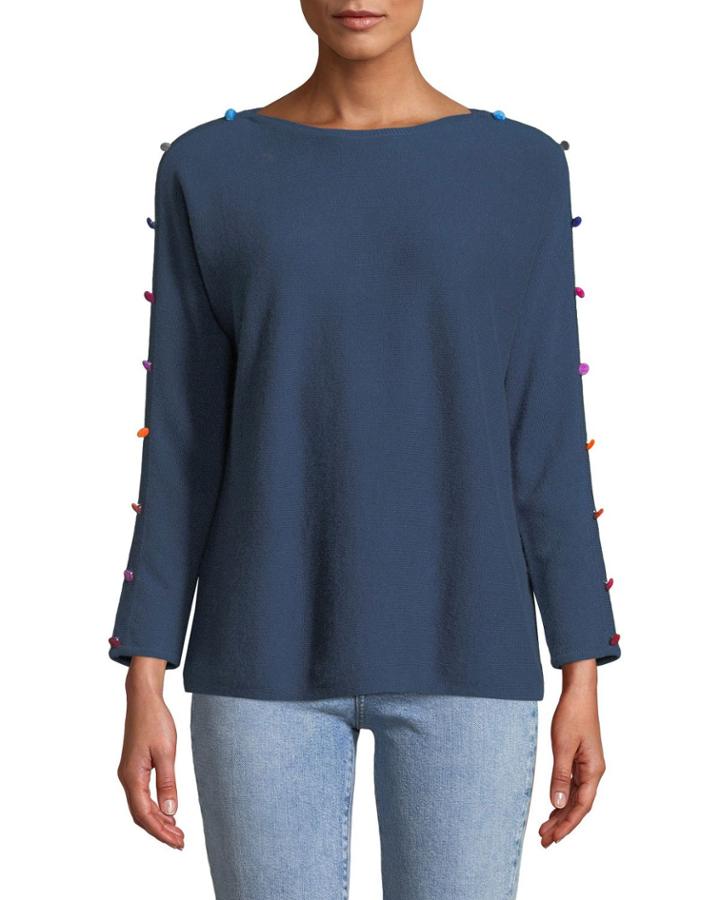 3/4-sleeve Cashmere Pompom Button