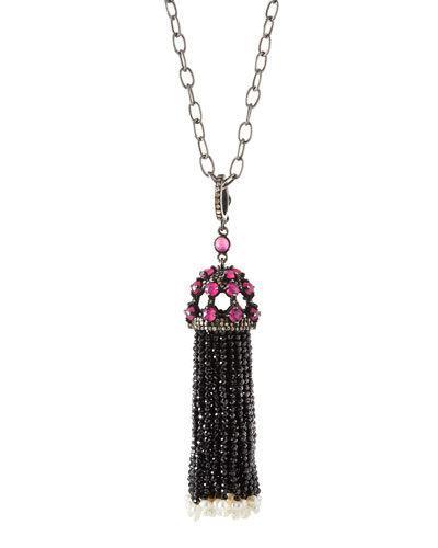 Long Multi-gemstone, Pearl & Diamond Tassel Necklace