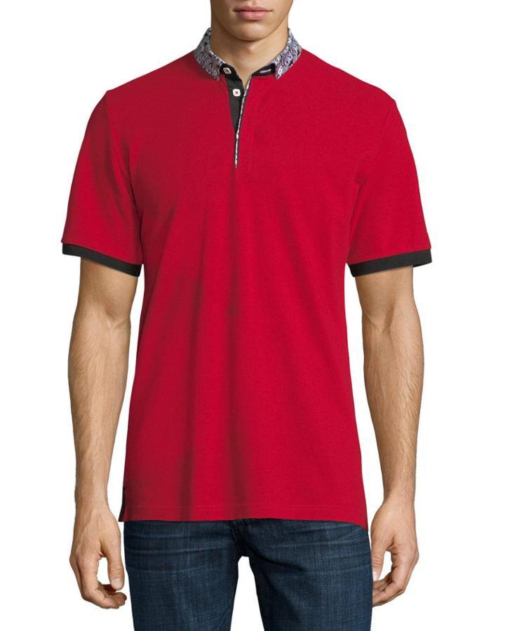 Plaid-trim Polo Shirt, Dark Red