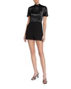 Mock-neck Short-sleeve Satin Combo Romper