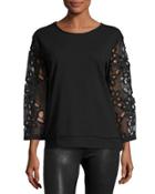 Floral-lace Sleeve Pullover Top, Black