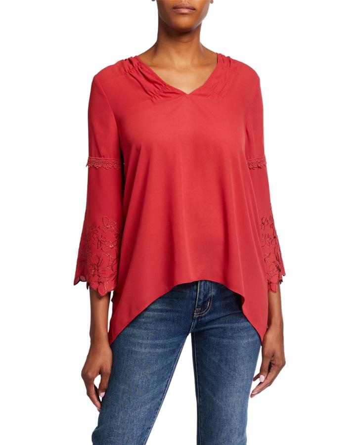 Embroidered Bell Sleeve Sharkbite-hem Top