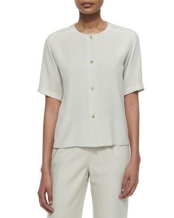 Silk Button-front Blouse, Beige