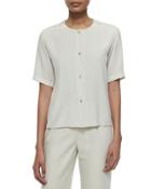 Silk Button-front Blouse, Beige
