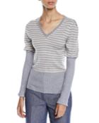 V-neck Puff-sleeve Striped Wool Sweater W/ Ribbed Combo