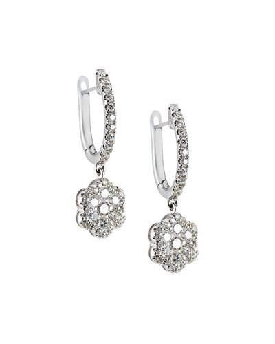 18k White Gold Diamond Flower Hoop Drop Earrings,