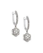 18k White Gold Diamond Flower Hoop Drop Earrings,