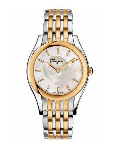 33mm Lirica Two-tone Bracelet Watch W/ Mother-of-pearl Dial, White