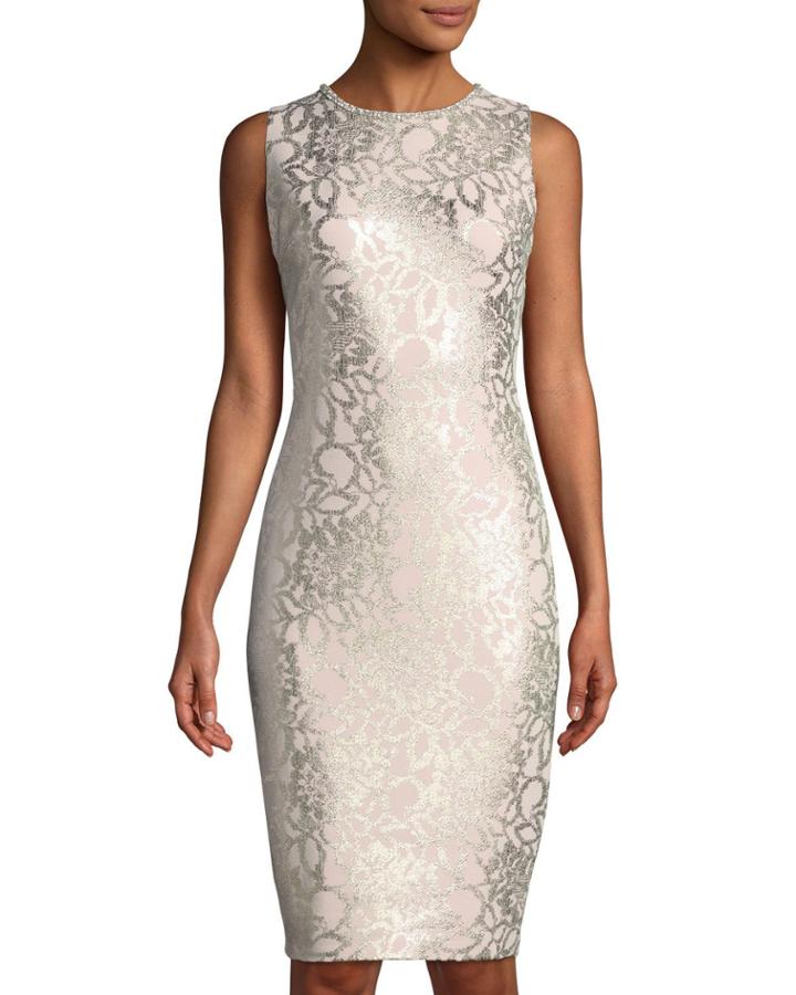 Floral-foil Sheath Cocktail Dress