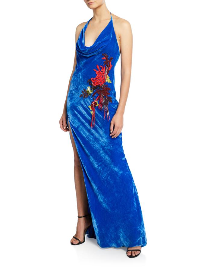 Embroidered Velvet Halter Neck Gown