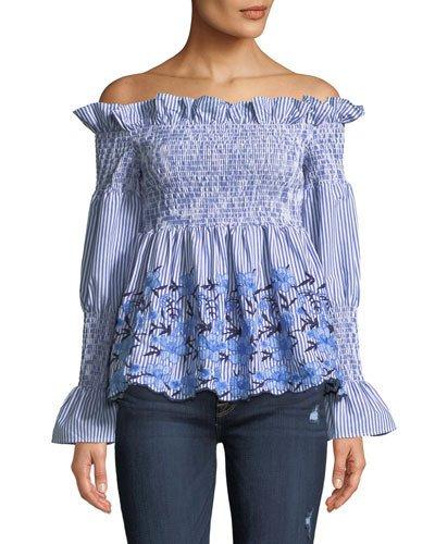 Smocked Off-the-shoulder Embroidered Blouse