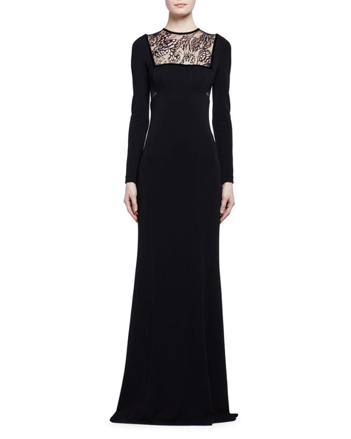 Long-sleeve Butterfly Lace-inset Gown, Black