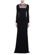 Long-sleeve Butterfly Lace-inset Gown, Black