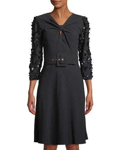 Sequin-sleeve Knotted Crepe Dress