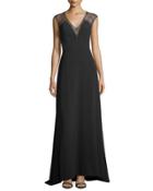 Lace-sleeve Crepe Gown