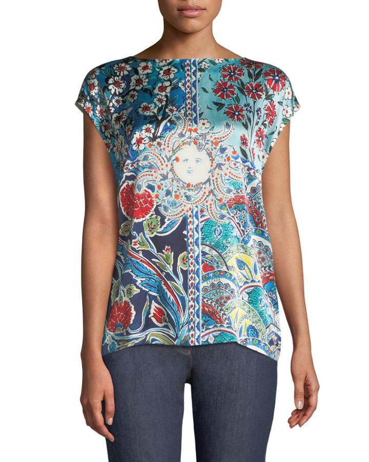 Sundial Floral-print Cap-sleeve Tee W/ Knit Back