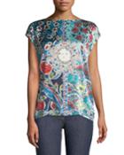 Sundial Floral-print Cap-sleeve Tee W/ Knit Back