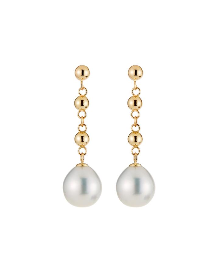 14k Yellow Gold Pearl Dangling Earrings, White