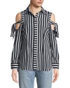 Striped Cold-shoulder Button-front Blouse