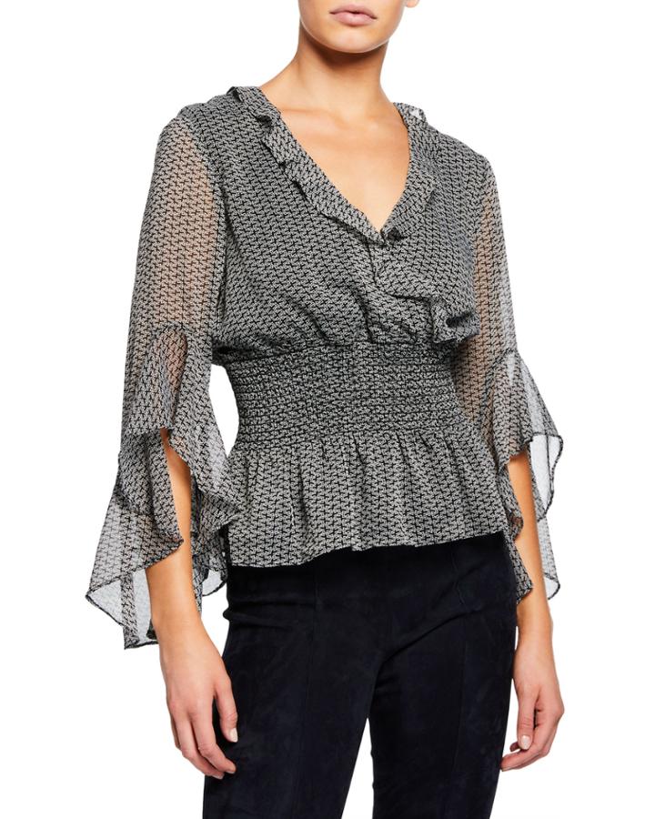 Ruffle-trim Chiffon Top With Smocking, Black-pattern Print