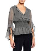 Ruffle-trim Chiffon Top With Smocking, Black-pattern Print