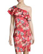 Ruffled One-shoulder Floral-print Sheath Dress, Red Pattern