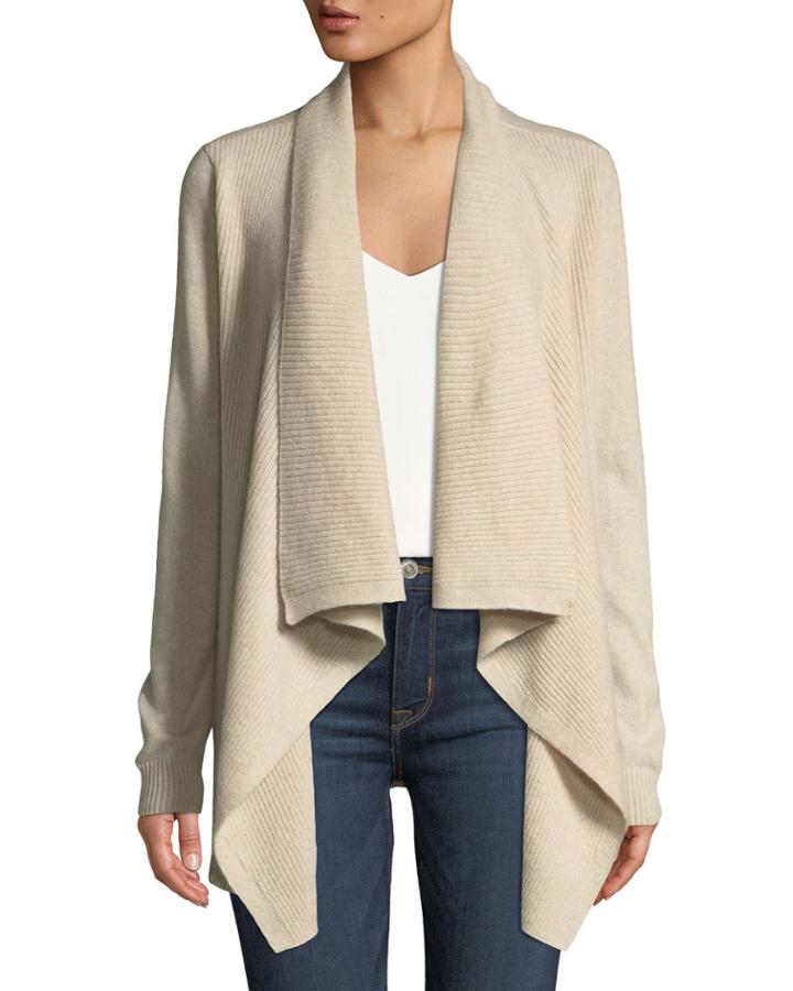 Cashmere Ribbed-trim Drape-front Cardigan, Beige