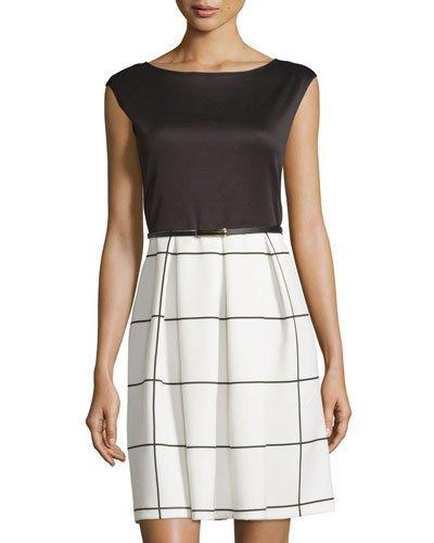 Windowpane-print Pleated Dress, Black/white