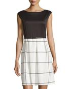 Windowpane-print Pleated Dress, Black/white