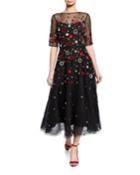Beaded 3d Floral Embroidered Midi Tulle Dress