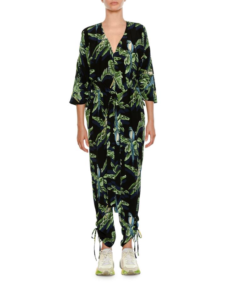 Birds Of Paradise V-neck Drawstring-hem Jumpsuit