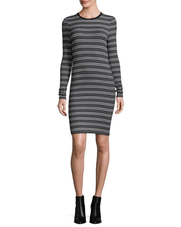 Long-sleeve Engineered Striped Ribbed Dress, Black/white