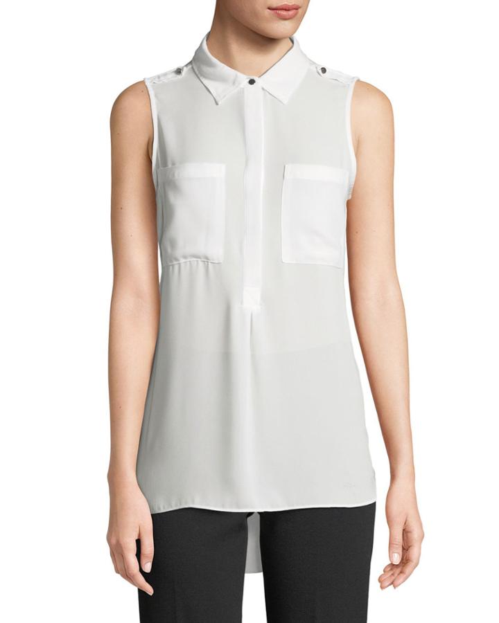 Sleeveless Chiffon Half Button-front