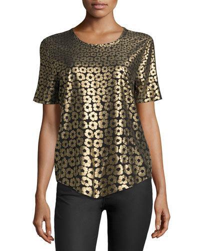 Riley Floral-print Silk Tee, Black/gold
