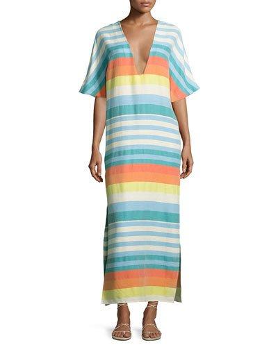 Striped Organic Cotton Kimono Coverup Dress, Equator