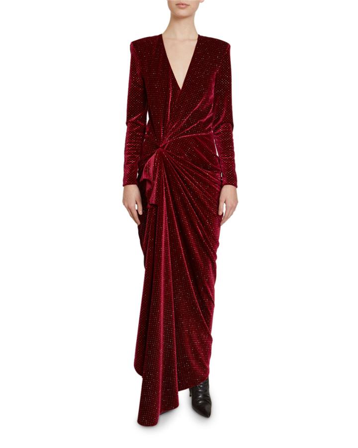 Glittered Velvet Long-sleeve Wrap Gown