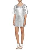 Short-sleeve Silver Foil T-shirt Dress, Optic White