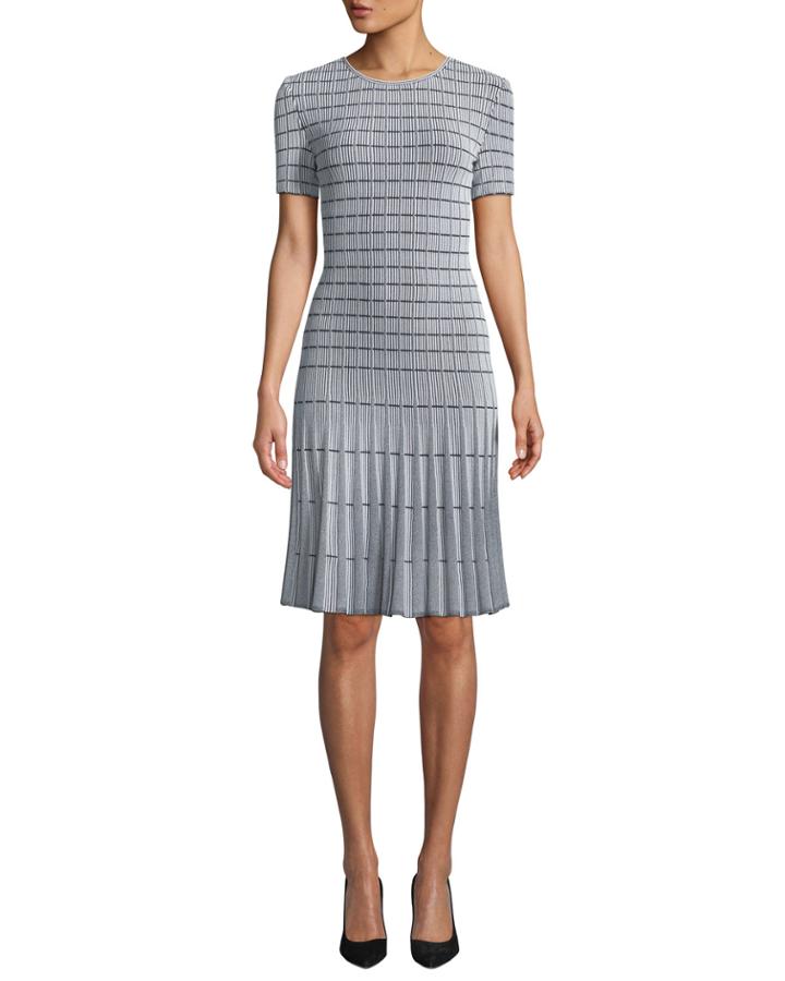 Jewel-neck Short-sleeve Monochrome Ottoman Knit Fit-and-flare Dress