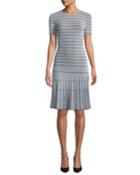 Jewel-neck Short-sleeve Monochrome Ottoman Knit Fit-and-flare Dress