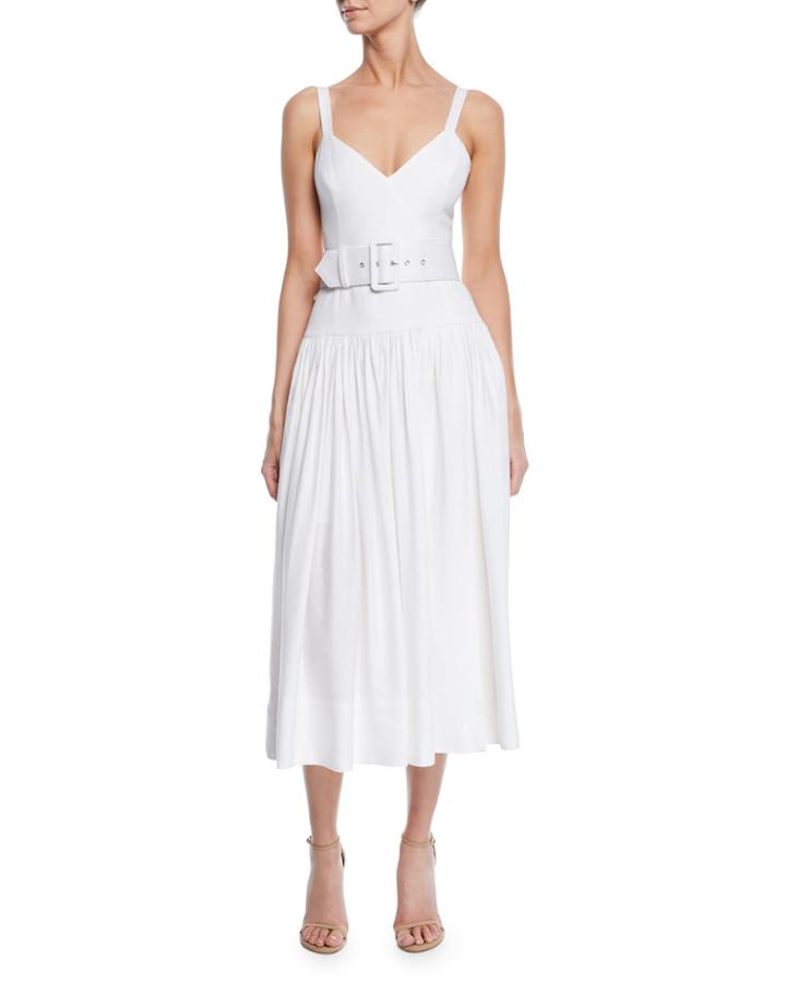 Gaia Sleeveless V-neck Drop-waist Midi Dress W/ Belt