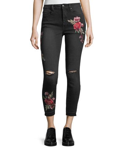 High-waist Cropped Jeans With Crimson Bloom Embroidery
