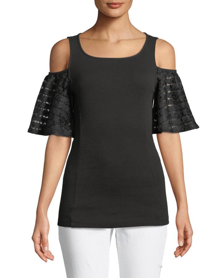 Cold-shoulder Lace-sleeve Tee