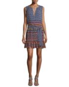 Carlisle Sleeveless Printed Silk Chiffon Flounce Dress, Blue/multicolor