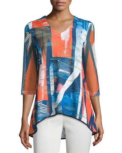 Mesh-sleeve Floral-print Top, Red