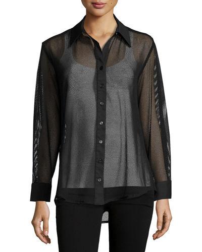 Mesh Barret Button-front Blouse