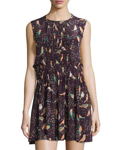 Pleated Bird-print Sleeveless Dress, Plum