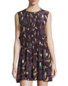 Pleated Bird-print Sleeveless Dress, Plum