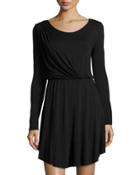 Long-sleeve Draped Jersey Dress, Black