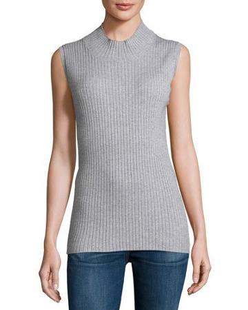 Sleeveless Mock-neck Ribbed Sweater, Heather Gray