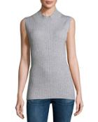 Sleeveless Mock-neck Ribbed Sweater, Heather Gray